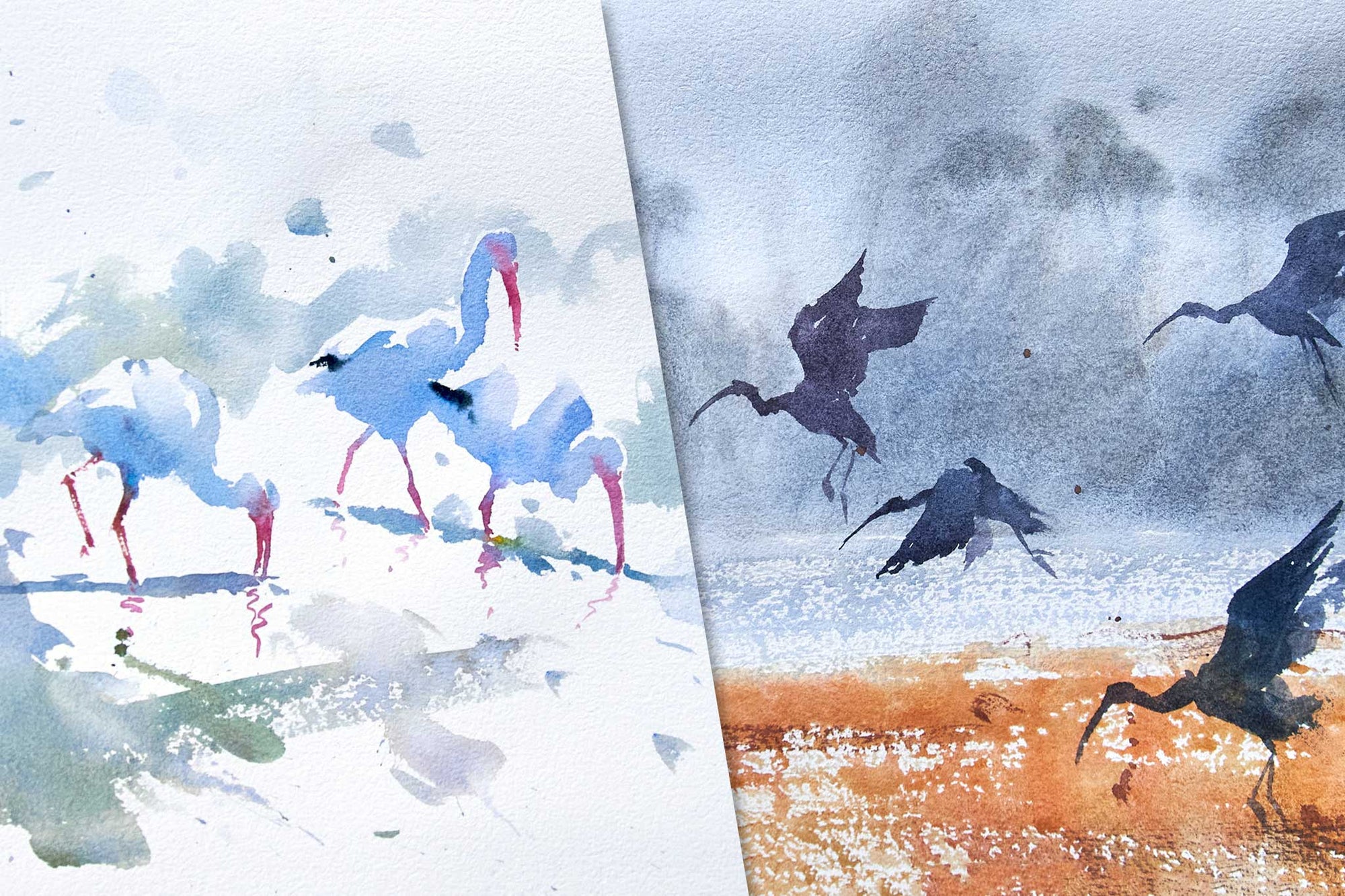 Flying Ibis - Two Paintings Without Drawing First!